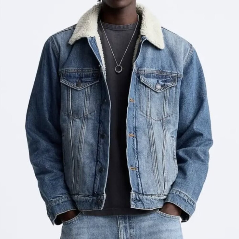 Zara Men's Denim Faux Fur Jacket Size M